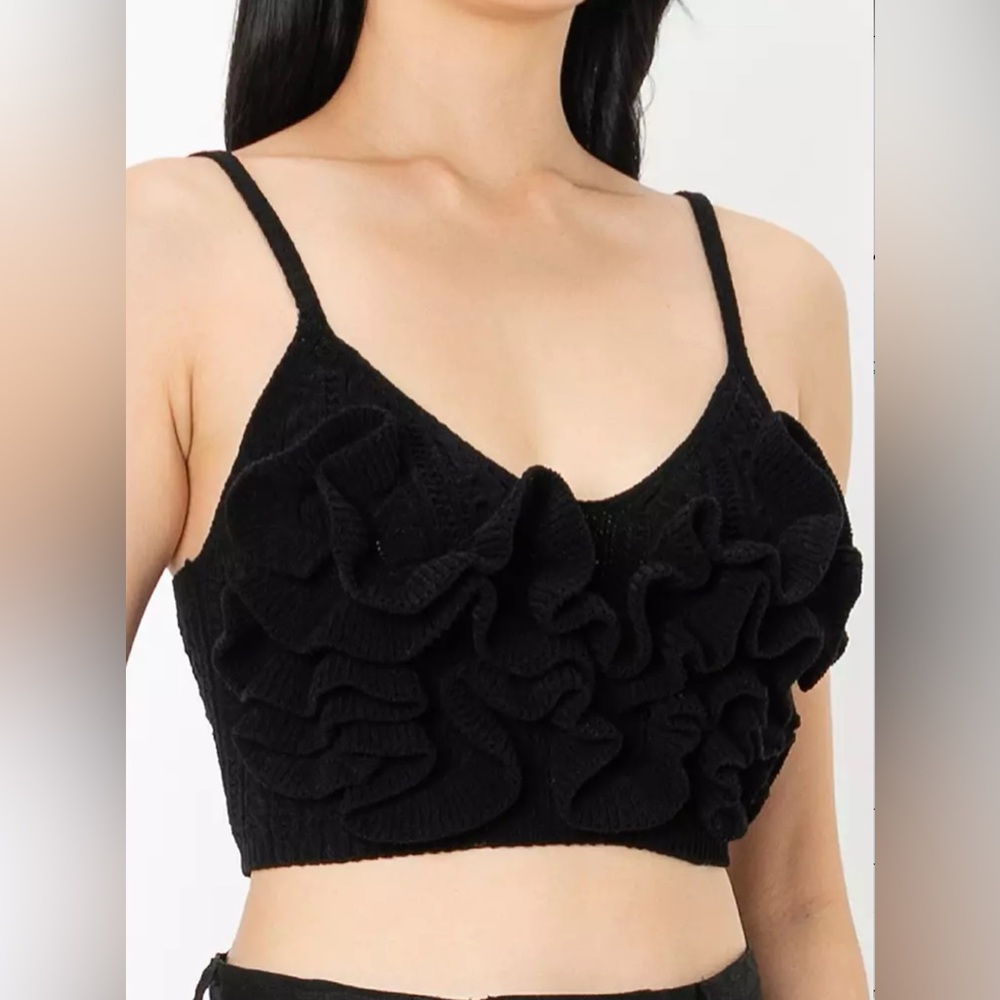 ZARA black ruffled chenille crop top size large - Picture 4 of 13